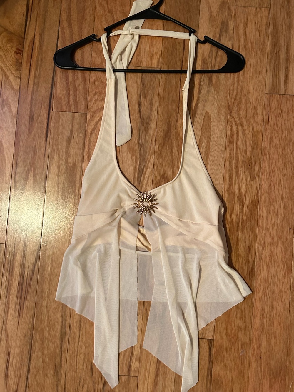 Sheer Ivory Halter Top with Sunburst Brooch